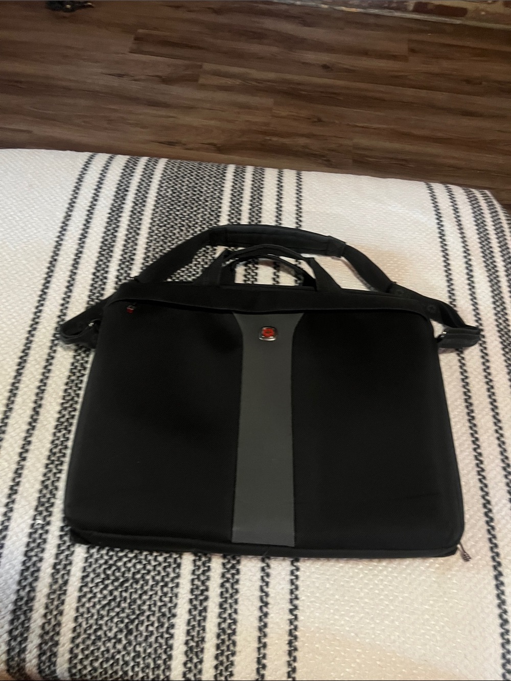 Men's Black Laptop Briefcase with Gray Stripe - Professional Commuter Bag